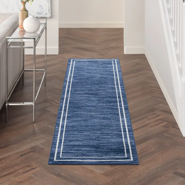 8' Navy Blue And Ivory Indoor Outdoor Runner Rug