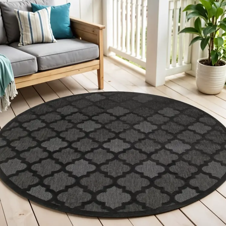 4' Charcoal And Black Round Trellis Indoor Outdoor Area Rug