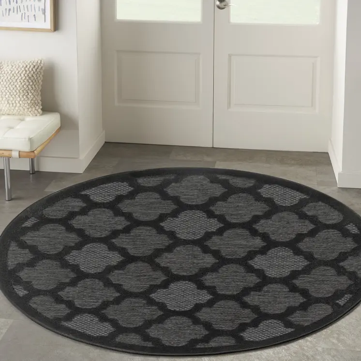 4' Charcoal And Black Round Trellis Indoor Outdoor Area Rug