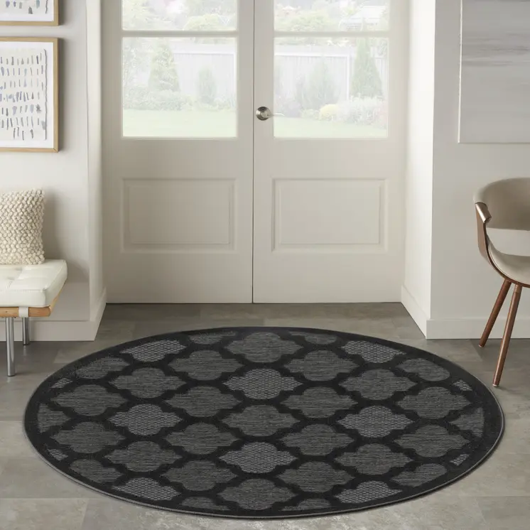 5' Charcoal And Black Round Trellis Indoor Outdoor Area Rug