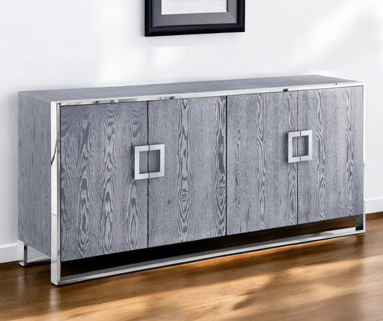 71" Ash Gray And Chrome Sideboard with Four Doors
