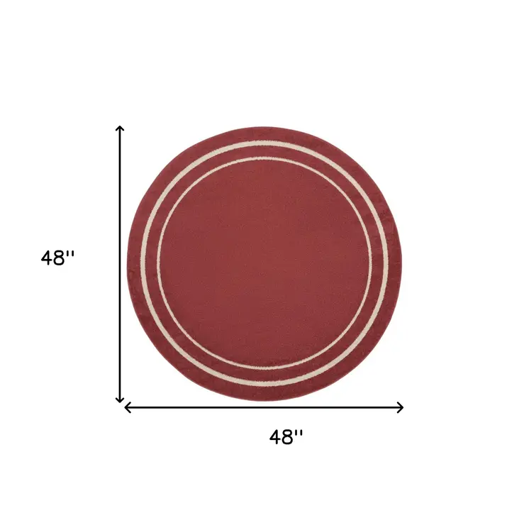 4' Red And Ivory Round Indoor Outdoor Area Rug