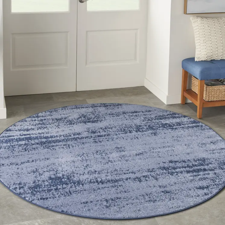 4' Denim Blue And Navy Blue Round Abstract Indoor Outdoor Area Rug