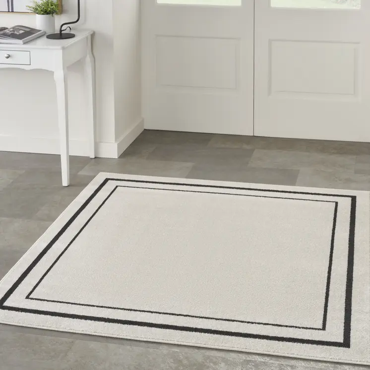 5' Ivory And Black Square Indoor Outdoor Area Rug