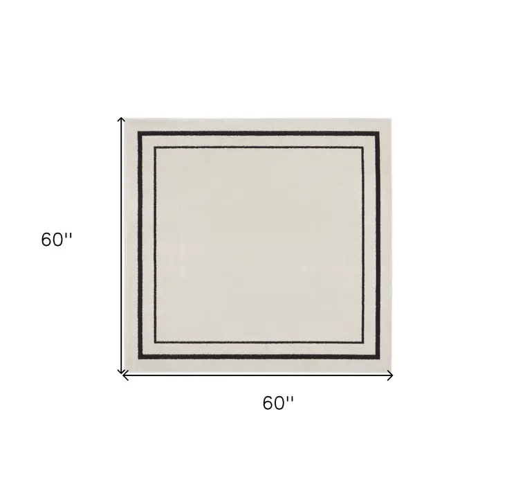 5' Ivory And Black Square Indoor Outdoor Area Rug