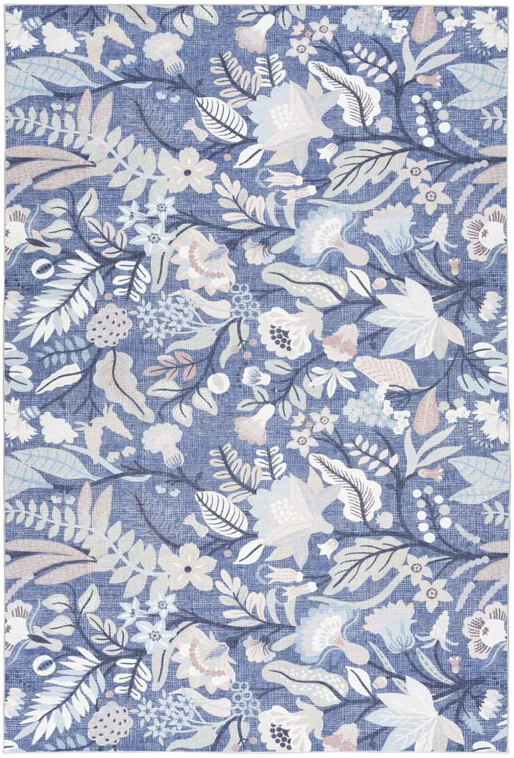 4' X 6' Blue and Ivory Floral Power Loom Washable Non Skid Area Rug