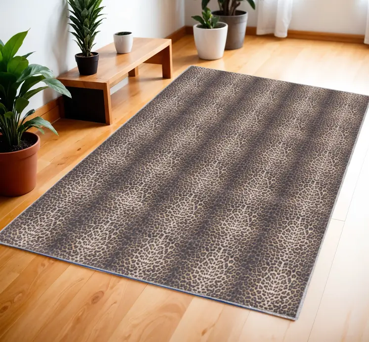 4' X 6' Yellow and Brown Leopard Print Power Loom Washable Non Skid Area Rug