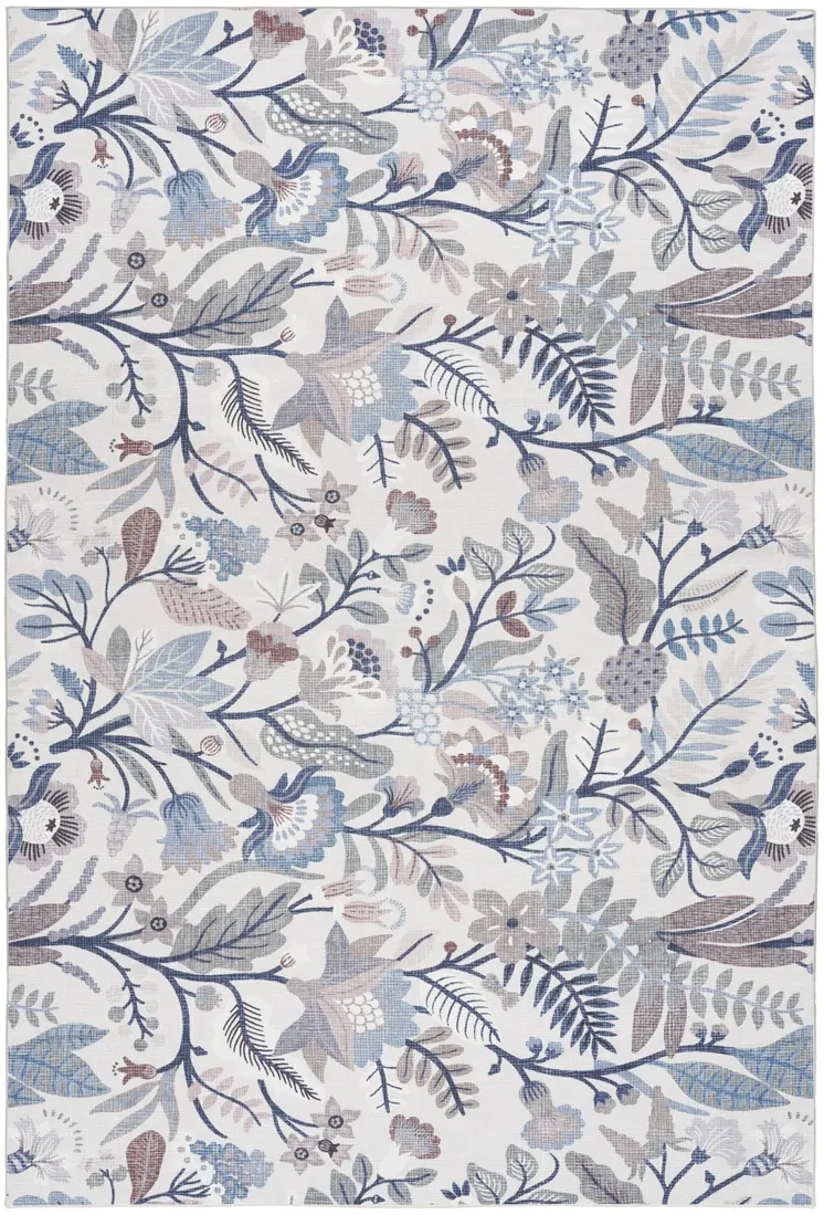 4' X 6' Ivory and Blue Floral Power Loom Washable Non Skid Area Rug