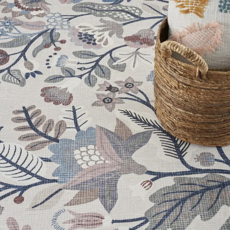4' X 6' Ivory and Blue Floral Power Loom Washable Non Skid Area Rug