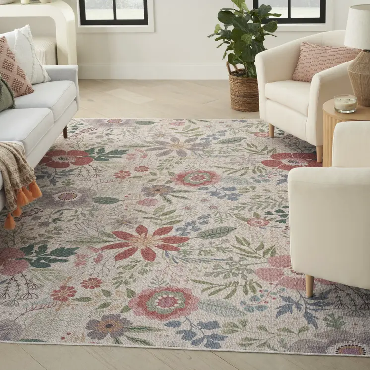 4' X 6' Gray and Pink Floral Power Loom Washable Non Skid Area Rug