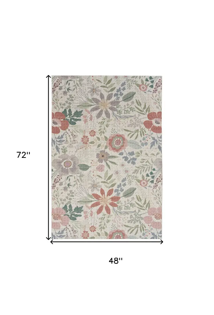4' X 6' Gray and Pink Floral Power Loom Washable Non Skid Area Rug