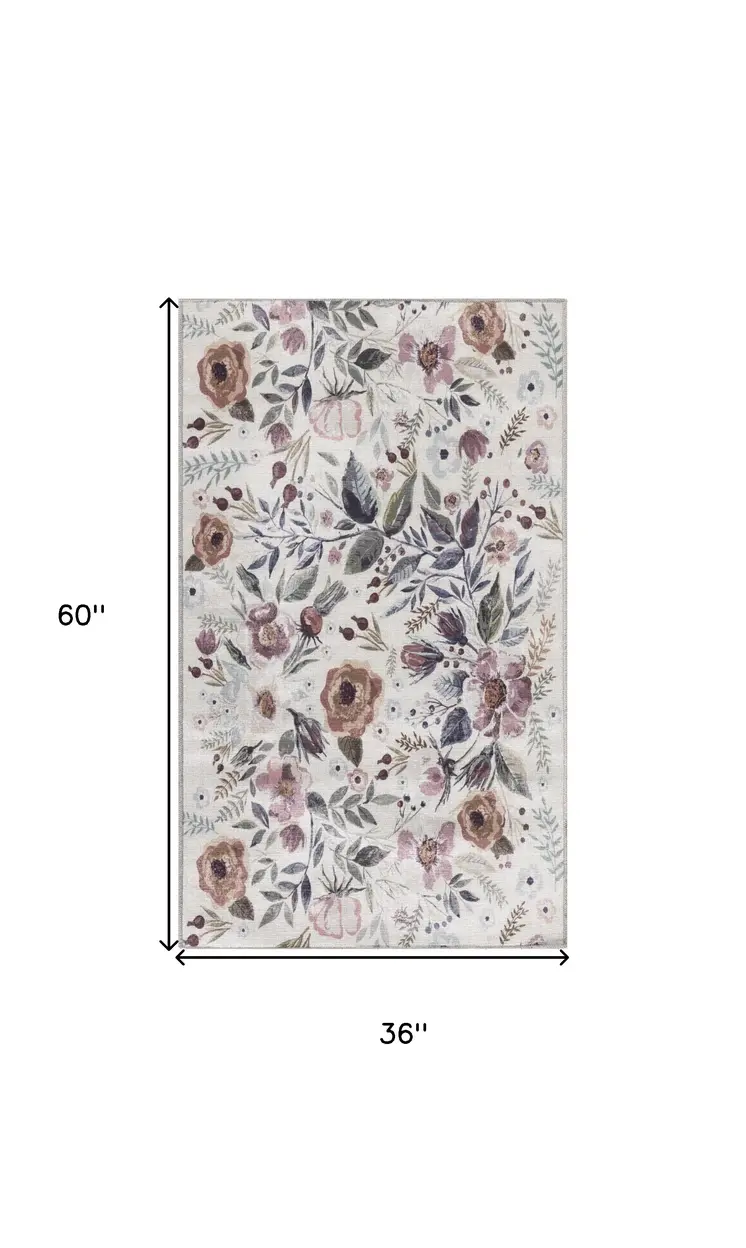 3' X 5' Pink and Ivory Floral Power Loom Washable Non Skid Area Rug