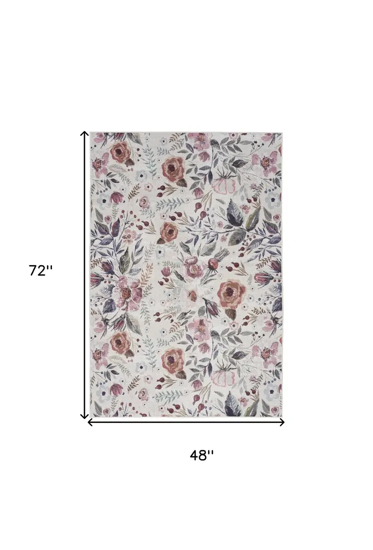 4' X 6' Pink and Ivory Floral Power Loom Washable Non Skid Area Rug