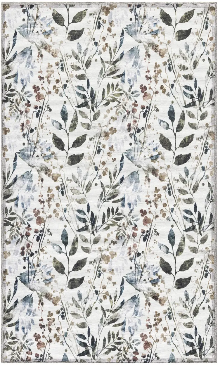 3' X 5' Green and Ivory Floral Power Loom Washable Non Skid Area Rug