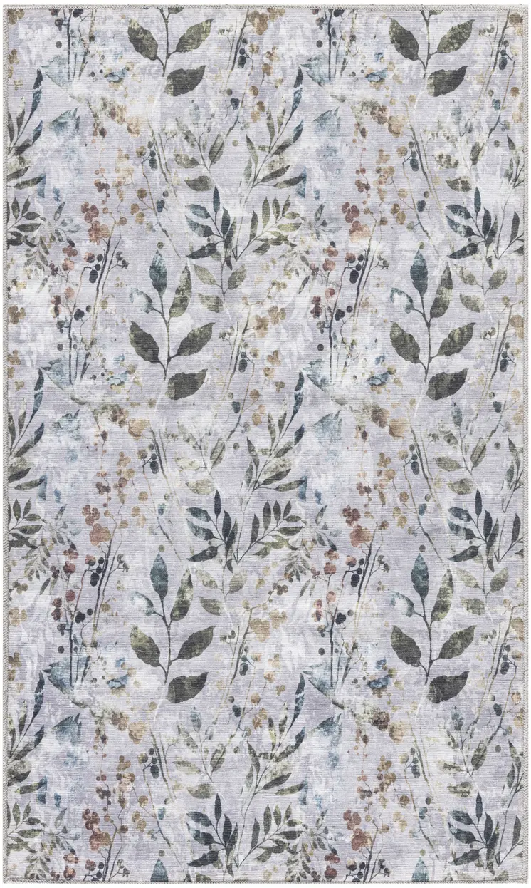 3' X 5' Gray and Blue Floral Power Loom Washable Non Skid Area Rug