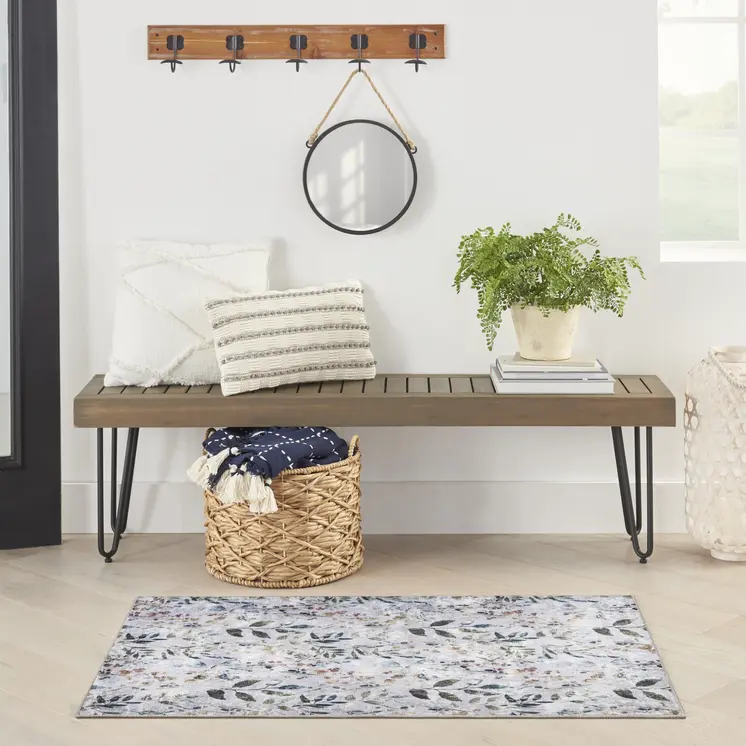 3' X 5' Gray and Blue Floral Power Loom Washable Non Skid Area Rug