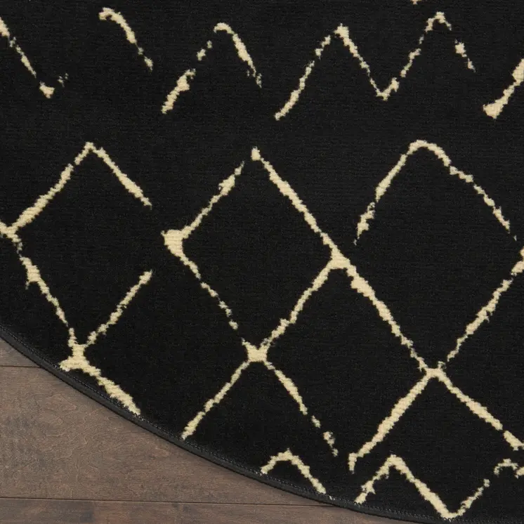 5' Beige and Black Round Abstract Power Loom Area Rug