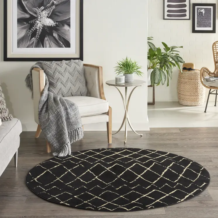 5' Beige and Black Round Abstract Power Loom Area Rug