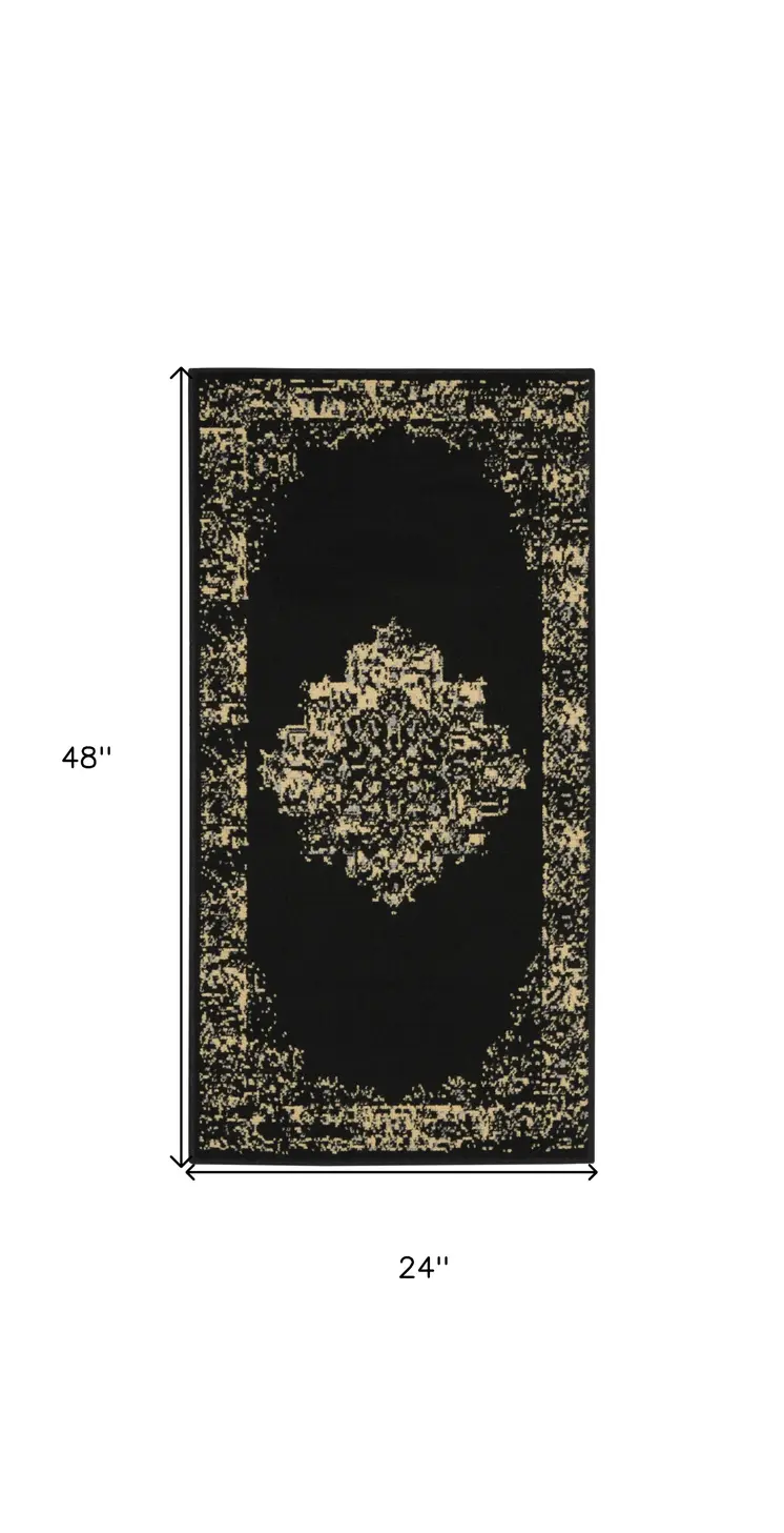 2' X 4' Tan And Black Medallion Distressed Area Rug