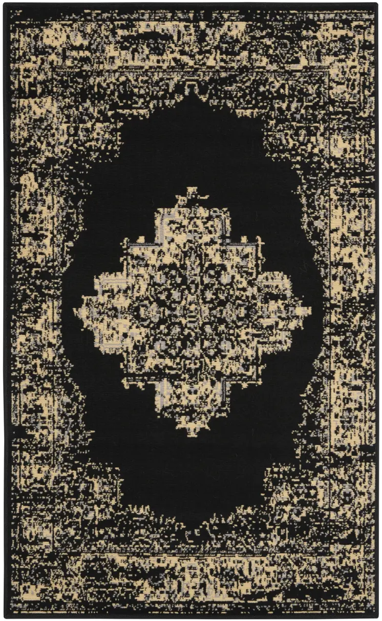 3' X 5' Tan and Black Medallion Distressed Non Skid Area Rug