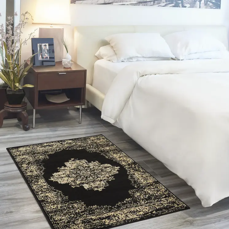 3' X 5' Tan and Black Medallion Distressed Non Skid Area Rug