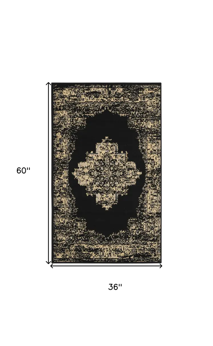 3' X 5' Tan and Black Medallion Distressed Non Skid Area Rug