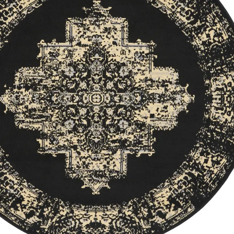 5' Tan and Black Medallion Distressed Non Skid Round Rug