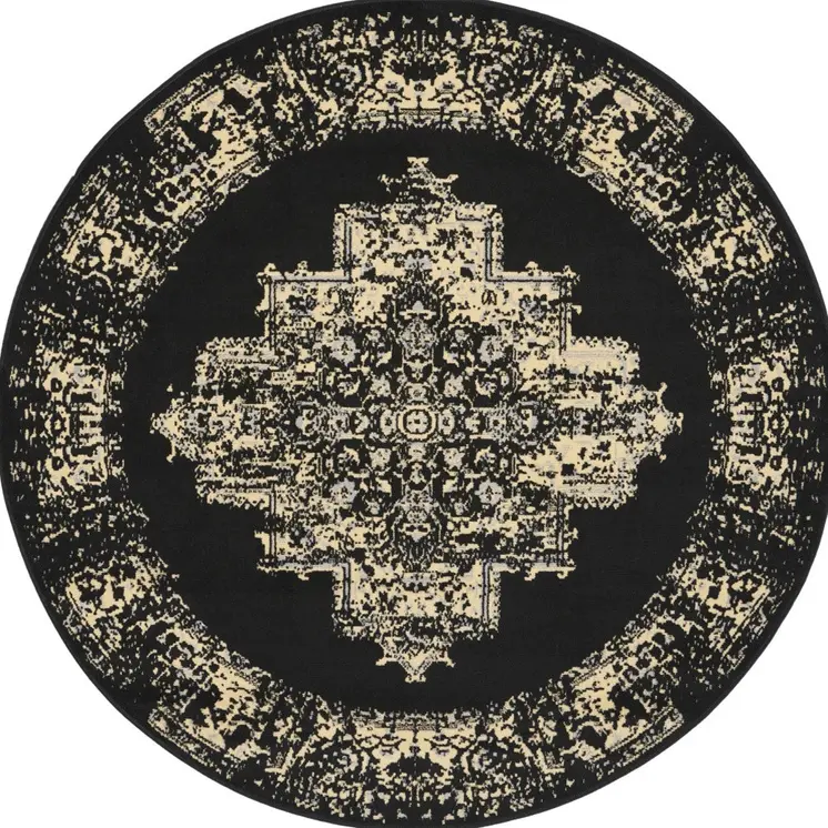 5' Tan and Black Medallion Distressed Non Skid Round Rug