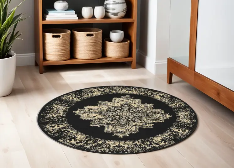 5' Tan and Black Medallion Distressed Non Skid Round Rug