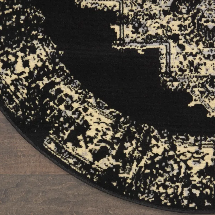 5' Tan and Black Medallion Distressed Non Skid Round Rug
