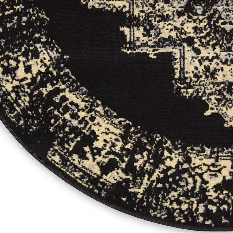 5' Tan and Black Medallion Distressed Non Skid Round Rug
