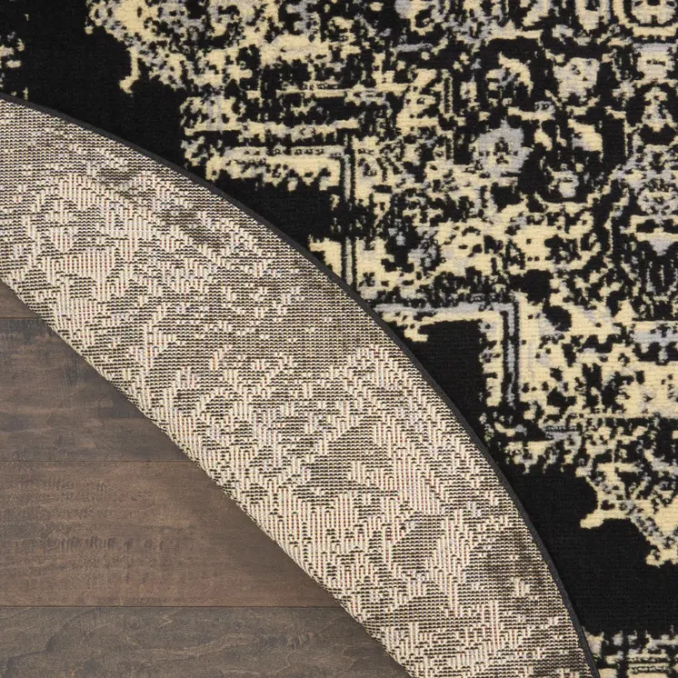 5' Tan and Black Medallion Distressed Non Skid Round Rug