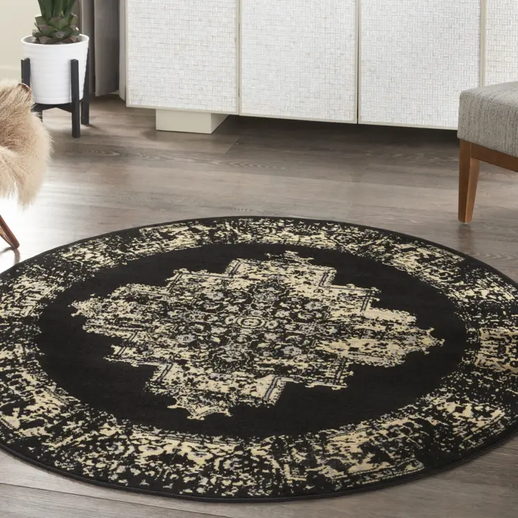 5' Tan and Black Medallion Distressed Non Skid Round Rug