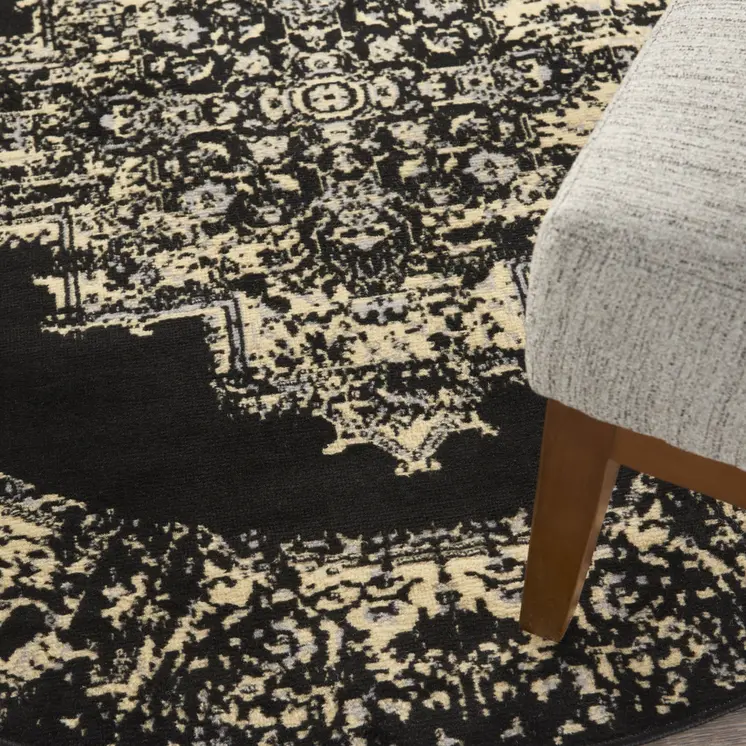 5' Tan and Black Medallion Distressed Non Skid Round Rug