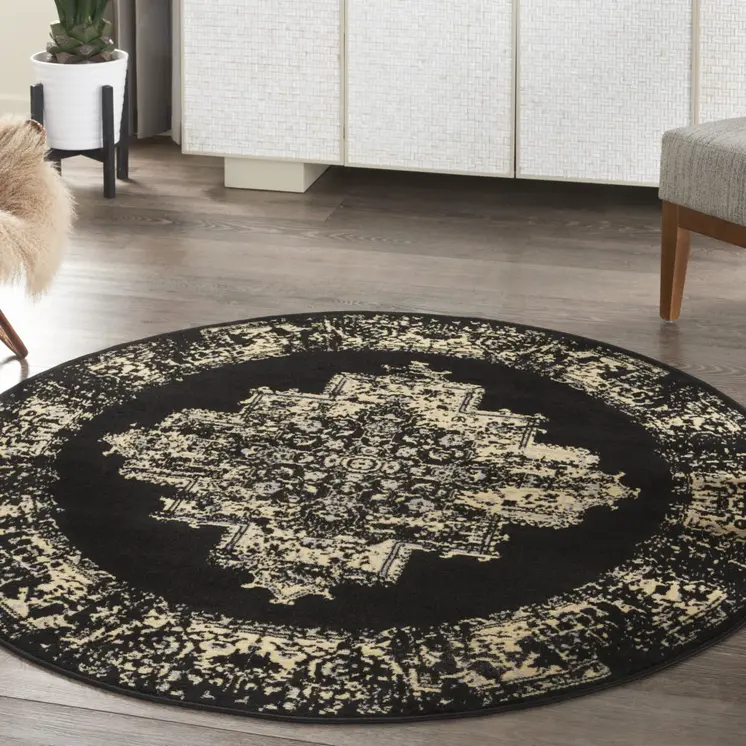 5' Tan and Black Medallion Distressed Non Skid Round Rug