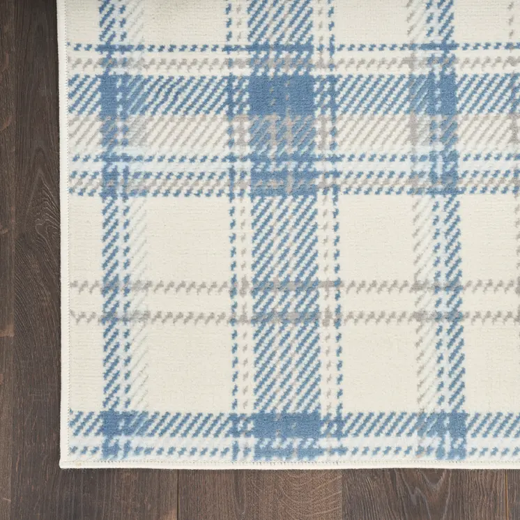 2' X 4' Blue and Ivory Plaid Power Loom Area Rug