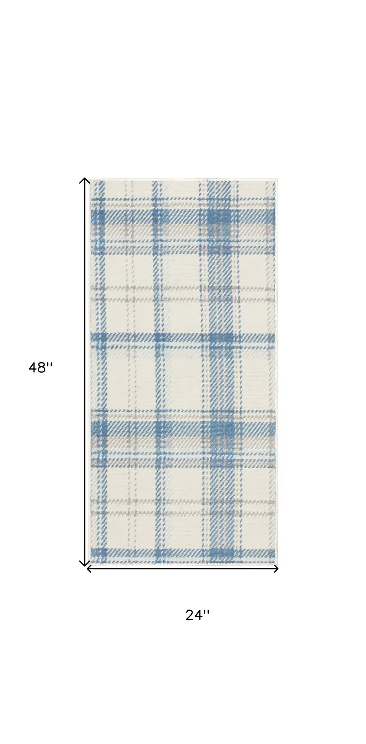 2' X 4' Blue and Ivory Plaid Power Loom Area Rug