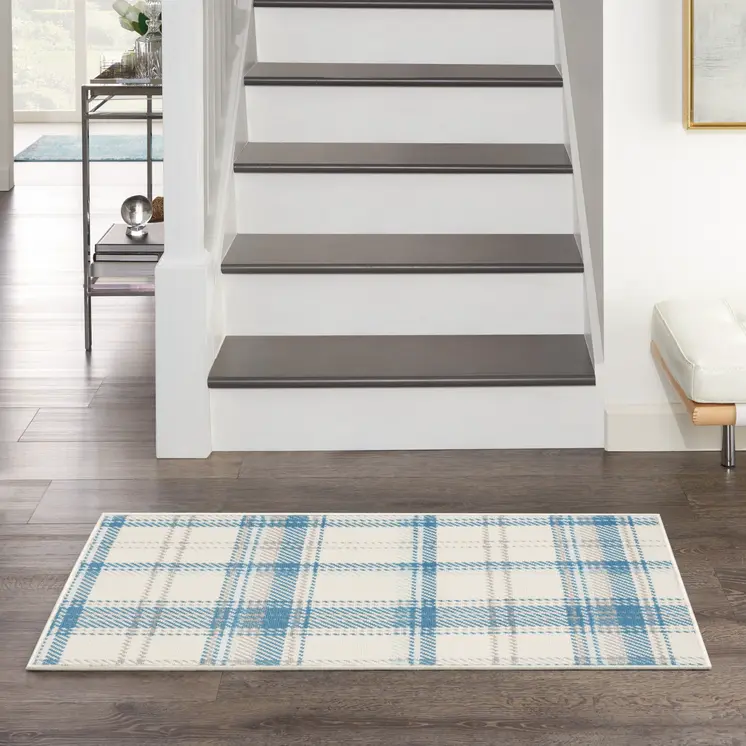 2' X 4' Blue and Ivory Plaid Power Loom Area Rug