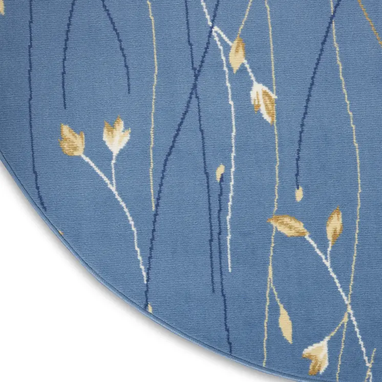 4' Blue And Beige Floral Vines Round Rug