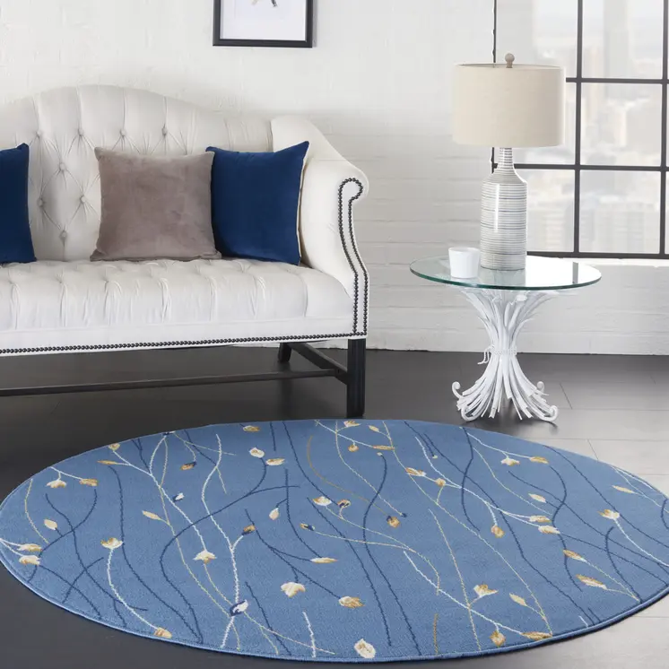4' Blue And Beige Floral Vines Round Rug