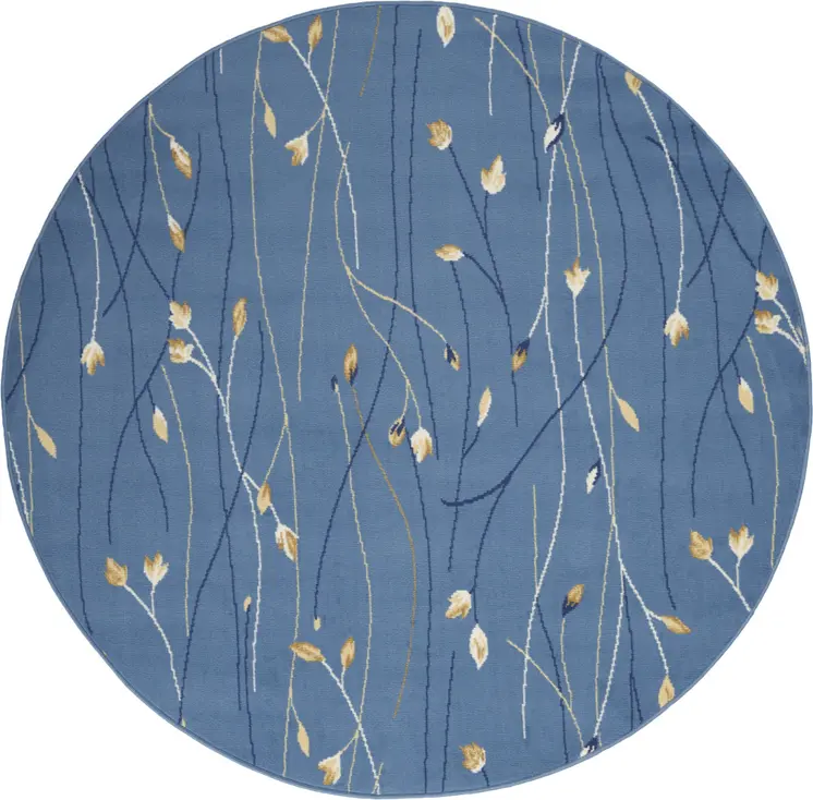 5' Blue and Beige Round Floral Vines Power Loom Area Rug