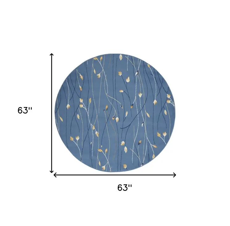 5' Blue and Beige Round Floral Vines Power Loom Area Rug