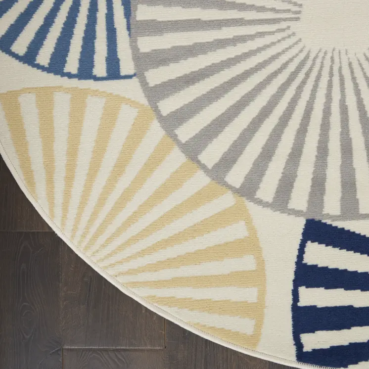 5' Blue and Beige Round Geometric Power Loom Area Rug