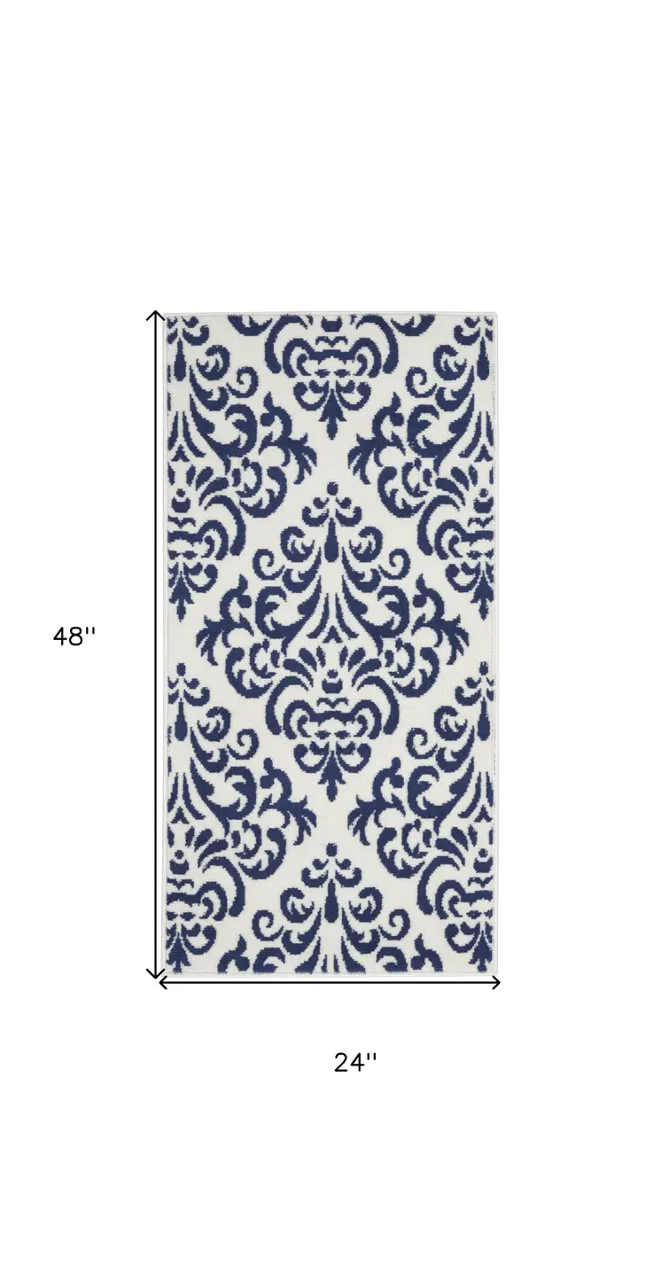 2' X 4' Blue And White Damask Area Rug