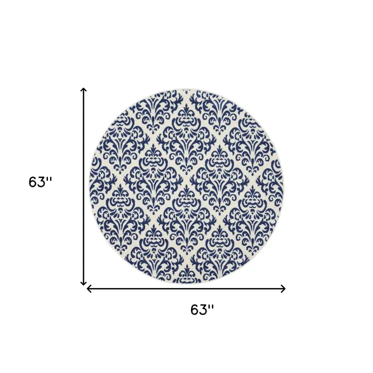 5' Blue and White Round Damask Power Loom Area Rug