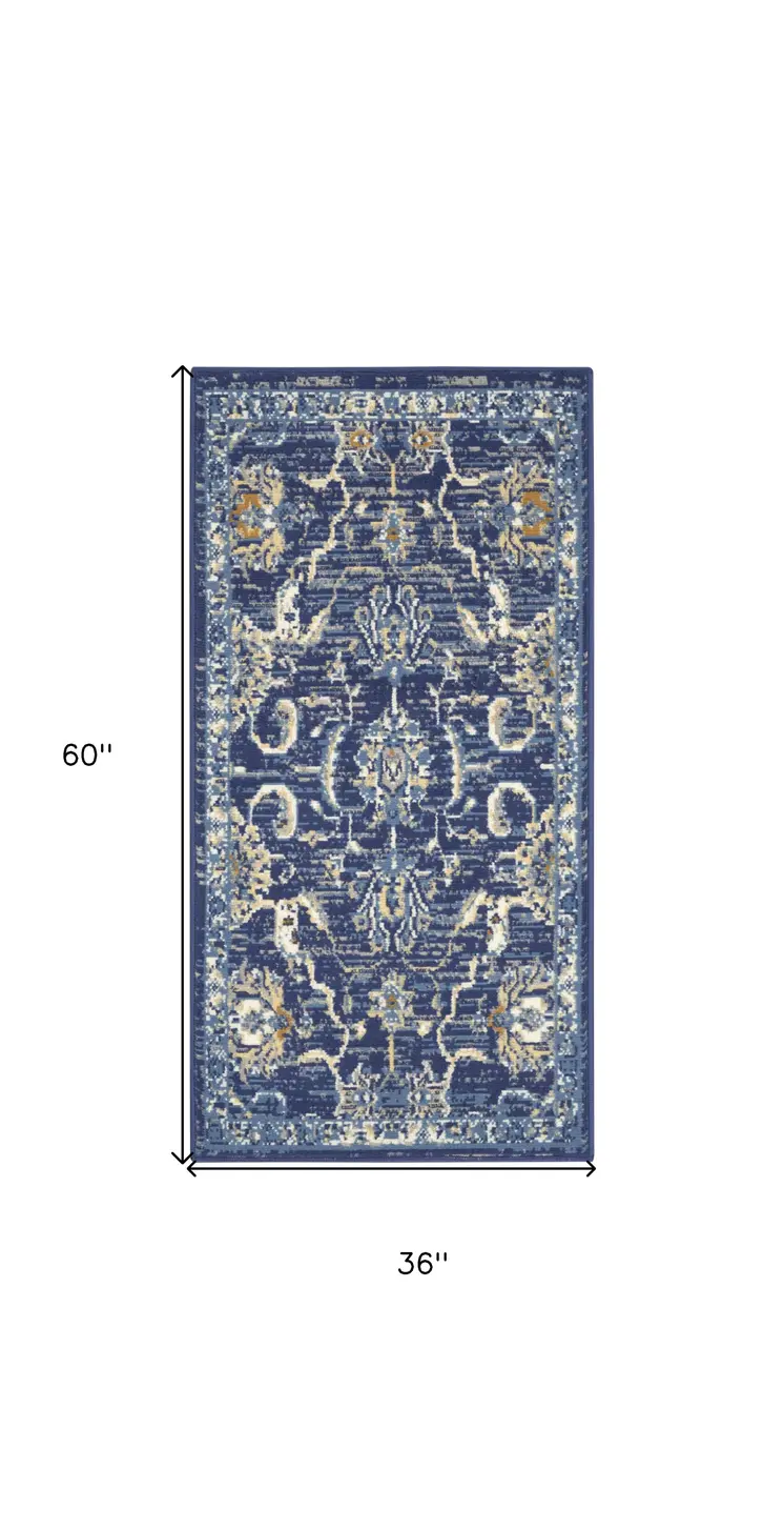 3' X 5' Blue and Gold Oriental Power Loom Area Rug