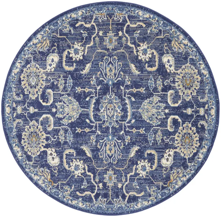 5' Blue and Gold Round Oriental Power Loom Area Rug