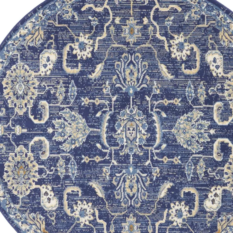 5' Blue and Gold Round Oriental Power Loom Area Rug