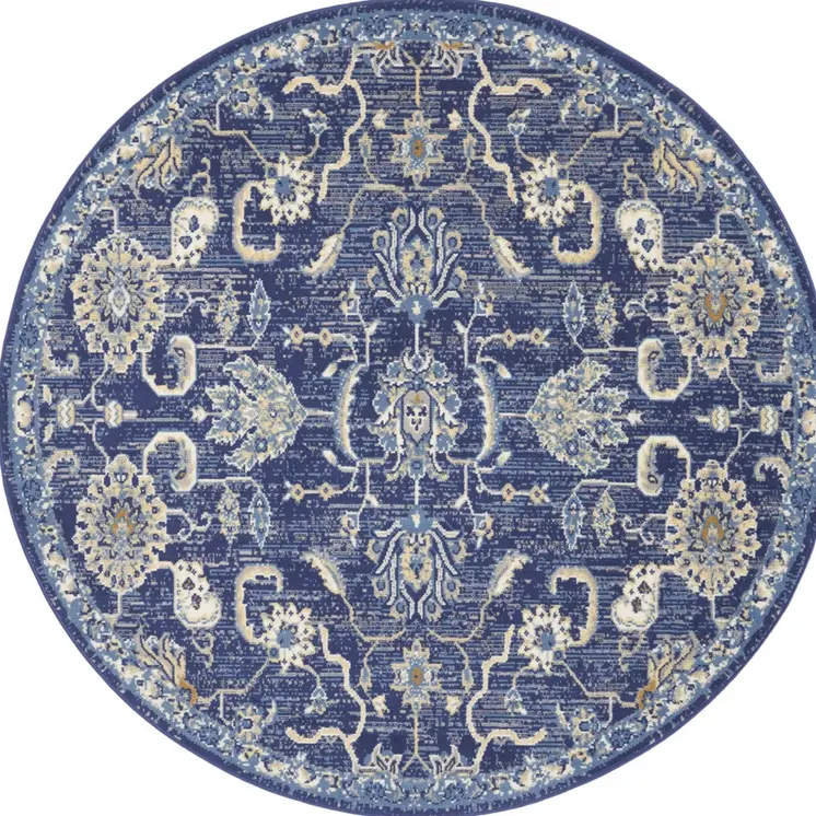 5' Blue and Gold Round Oriental Power Loom Area Rug