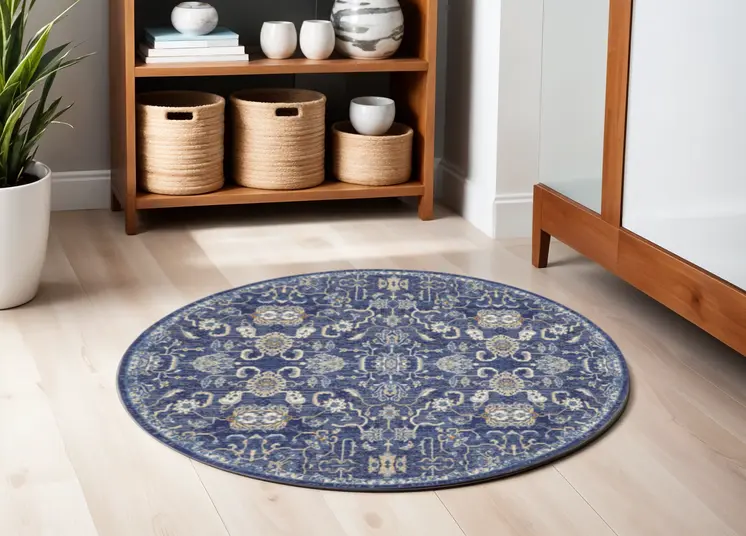 5' Blue and Gold Round Oriental Power Loom Area Rug